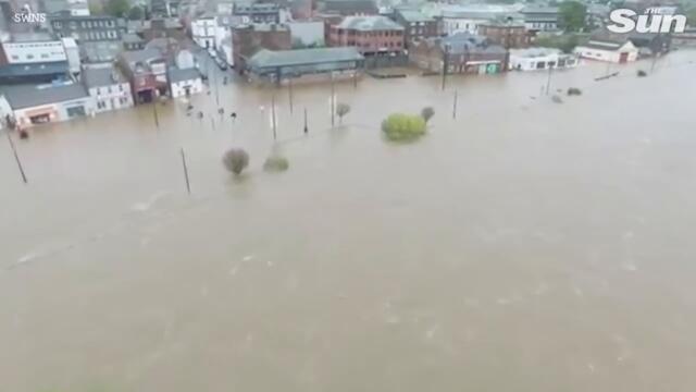 UK Flooding - Drone vid shows whole town of Dumfries submerged