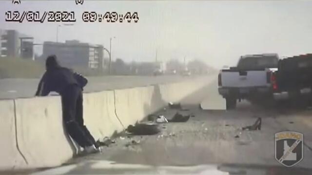 Trooper Leaps Over Concrete Barrier to Avoid Being Hit on Highway #Shorts