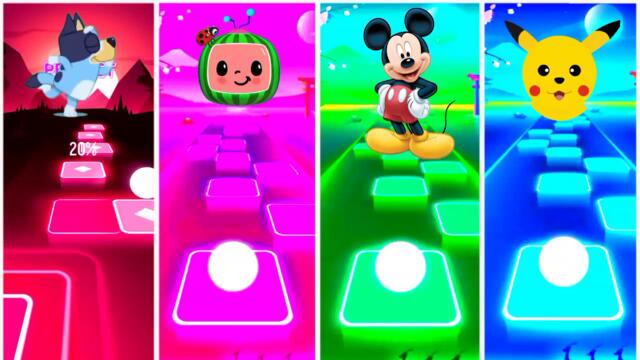 Bluey And Cocomelon Vs pikachu Vs mickey mouse In Tiles Hop EdM Rush Games