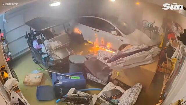 Tesla EV bursts into FLAMES after sitting in salt water churned up by Hurricane Helene