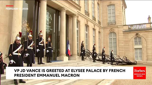 JD Vance Is Greeted At Elysee Palace By French President Emmanuel Macron