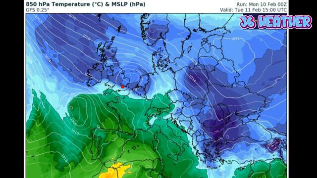 Europe Weather | February 19 , 2025 - GFS Model in 850 hPa , 00 Z - Europe Temperature