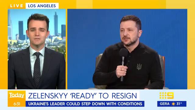 Volodymyr Zelenskyy prepared to step down as president of Ukraine | 9 News Australia